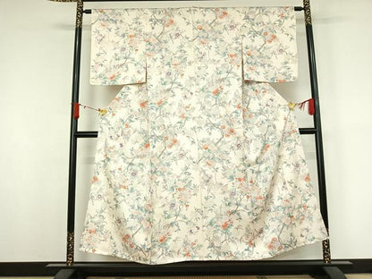 平和屋着物▽上質な小紋　単衣　手描き　枝花文　正絹　逸品　AABJ9762jh