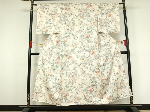 平和屋着物▽上質な小紋　単衣　手描き　枝花文　正絹　逸品　AABJ9762jh