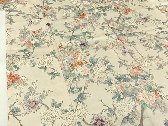 平和屋着物▽上質な小紋　単衣　手描き　枝花文　正絹　逸品　AABJ9762jh
