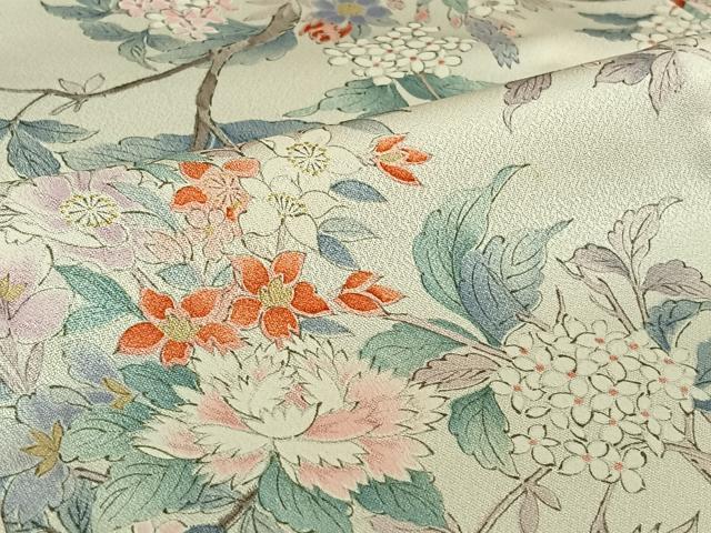 平和屋着物▽上質な小紋　単衣　手描き　枝花文　正絹　逸品　AABJ9762jh