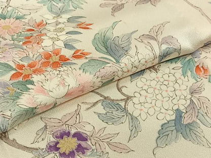 平和屋着物▽上質な小紋　単衣　手描き　枝花文　正絹　逸品　AABJ9762jh