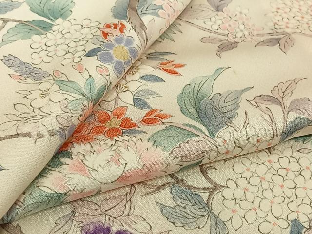 平和屋着物▽上質な小紋　単衣　手描き　枝花文　正絹　逸品　AABJ9762jh