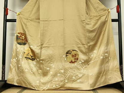 平和屋着物▽豪華色留袖　単衣　駒刺繍　風景枝花文　金彩　正絹　逸品　AABJ9764jh