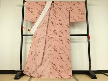 平和屋着物▽小紋　単衣　草花文　洗える着物　AABJ9767jh