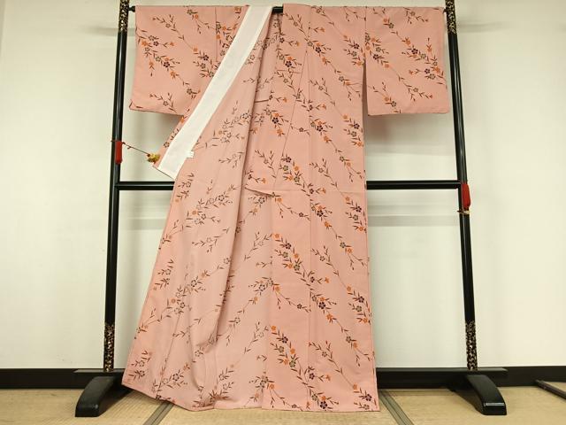 平和屋着物▽小紋　単衣　草花文　洗える着物　AABJ9767jh