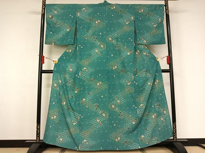 平和屋着物▽小紋　単衣　草花文　金彩　洗える着物　AABJ9768jh
