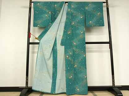 平和屋着物▽小紋　単衣　草花文　金彩　洗える着物　AABJ9768jh