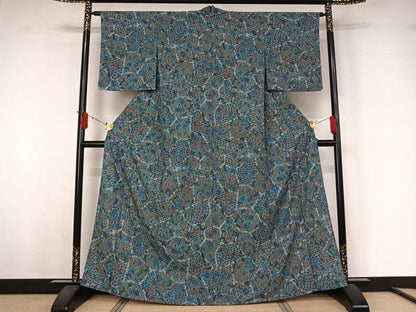 平和屋着物▽小紋　単衣　更紗花文　洗える着物　AABJ9772jh