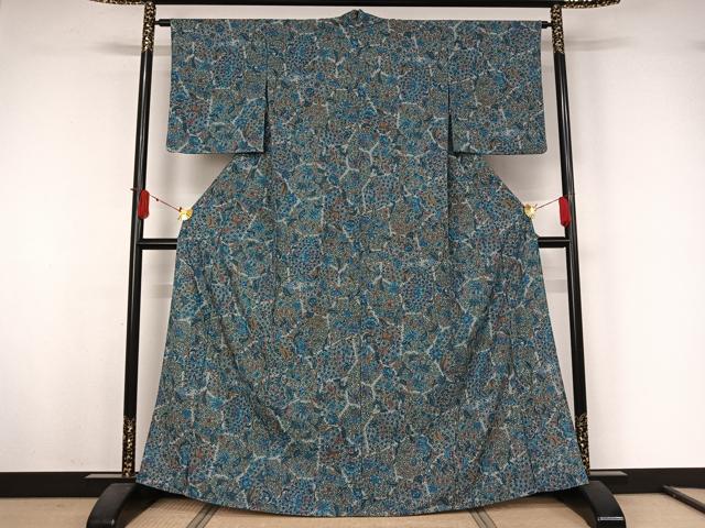 平和屋着物▽小紋　単衣　更紗花文　洗える着物　AABJ9772jh