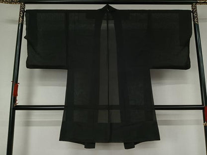 平和屋着物▽男性　長羽織　スリーシーズン　春夏秋　塵除け　黒地　正絹　逸品　AABJ9775jh