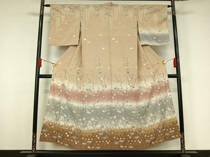 平和屋着物▽訪問着　単衣　駒刺繍　流水鴛鴦花文　暈し染め　金彩　正絹　逸品　AABJ9786jh