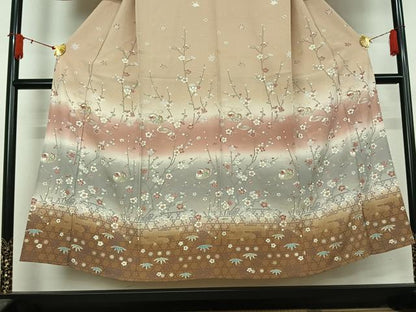 平和屋着物▽訪問着　単衣　駒刺繍　流水鴛鴦花文　暈し染め　金彩　正絹　逸品　AABJ9786jh