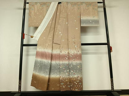 平和屋着物▽訪問着　単衣　駒刺繍　流水鴛鴦花文　暈し染め　金彩　正絹　逸品　AABJ9786jh
