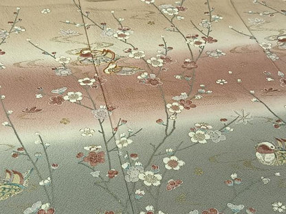 平和屋着物▽訪問着　単衣　駒刺繍　流水鴛鴦花文　暈し染め　金彩　正絹　逸品　AABJ9786jh