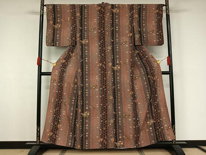 平和屋着物▽上質な小紋　単衣　扇面花文　金彩　正絹　逸品　AABJ9791jh