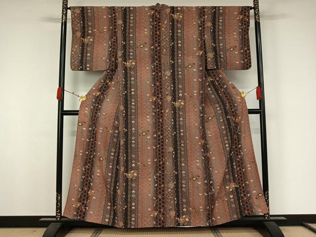 平和屋着物▽上質な小紋　単衣　扇面花文　金彩　正絹　逸品　AABJ9791jh