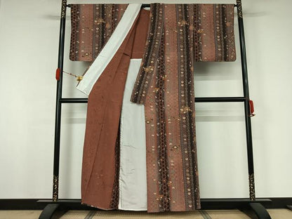 平和屋着物▽上質な小紋　単衣　扇面花文　金彩　正絹　逸品　AABJ9791jh