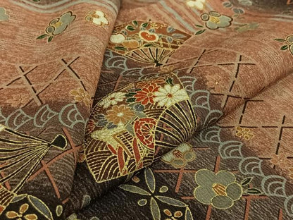 平和屋着物▽上質な小紋　単衣　扇面花文　金彩　正絹　逸品　AABJ9791jh