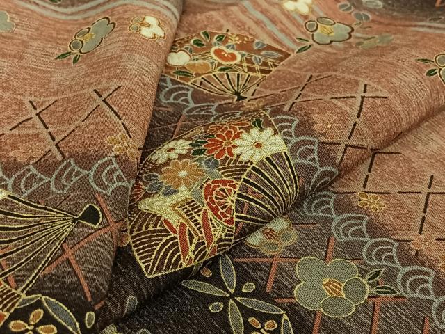 平和屋着物▽上質な小紋　単衣　扇面花文　金彩　正絹　逸品　AABJ9791jh