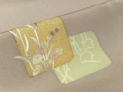 平和屋着物▽訪問着　単衣　刺繍　草花文　金糸　金彩　正絹　逸品　AABJ9795jh