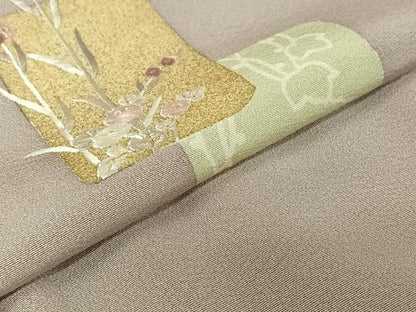 平和屋着物▽訪問着　単衣　刺繍　草花文　金糸　金彩　正絹　逸品　AABJ9795jh