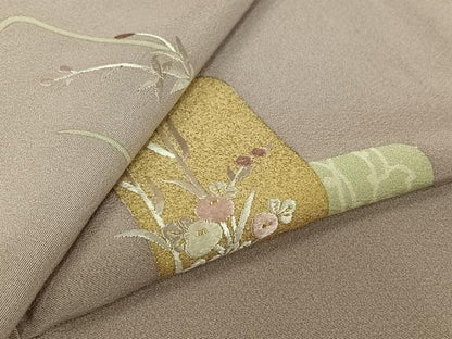 平和屋着物▽訪問着　単衣　刺繍　草花文　金糸　金彩　正絹　逸品　AABJ9795jh