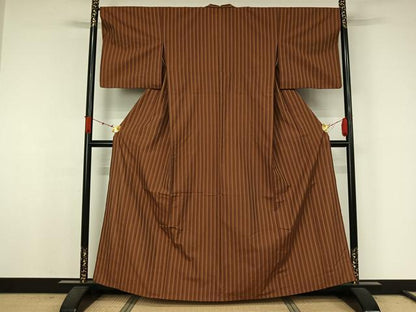 平和屋着物▽紬　単衣　縞　綿　AABJ9796jh