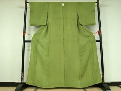 平和屋着物▽上質な色無地　単衣　幾何学地紋　柳色　正絹　逸品　AABJ9797jh
