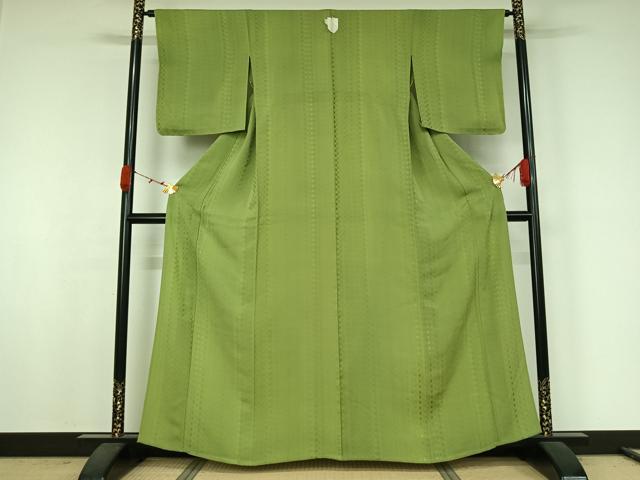 平和屋着物▽上質な色無地　単衣　幾何学地紋　柳色　正絹　逸品　AABJ9797jh