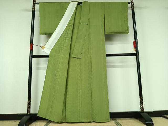 平和屋着物▽上質な色無地　単衣　幾何学地紋　柳色　正絹　逸品　AABJ9797jh