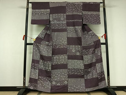 平和屋着物▽お召　単衣　天目織　横段花鳥文　正絹　逸品　AABJ9798jh