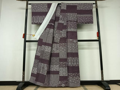 平和屋着物▽お召　単衣　天目織　横段花鳥文　正絹　逸品　AABJ9798jh