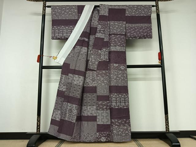 平和屋着物▽お召　単衣　天目織　横段花鳥文　正絹　逸品　AABJ9798jh