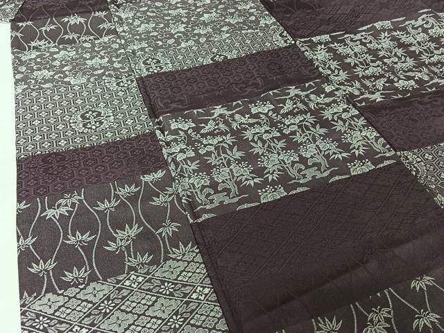 平和屋着物▽お召　単衣　天目織　横段花鳥文　正絹　逸品　AABJ9798jh