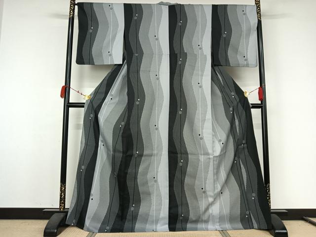 平和屋着物▽小紋　単衣　変わり縞　ロング丈　洗える着物　AABJ9803jh