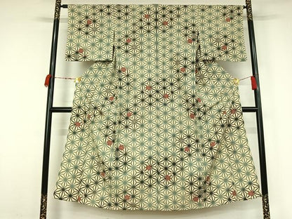 平和屋着物▽小紋　単衣　麻の葉花文　洗える着物　AABJ9810jh