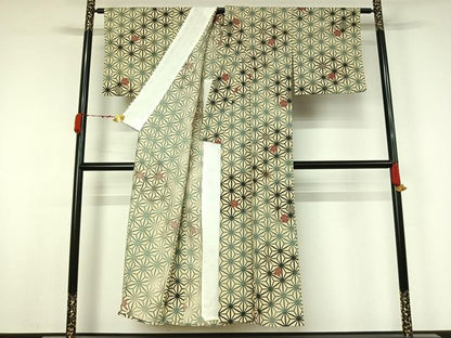 平和屋着物▽小紋　単衣　麻の葉花文　洗える着物　AABJ9810jh