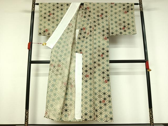 平和屋着物▽小紋　単衣　麻の葉花文　洗える着物　AABJ9810jh