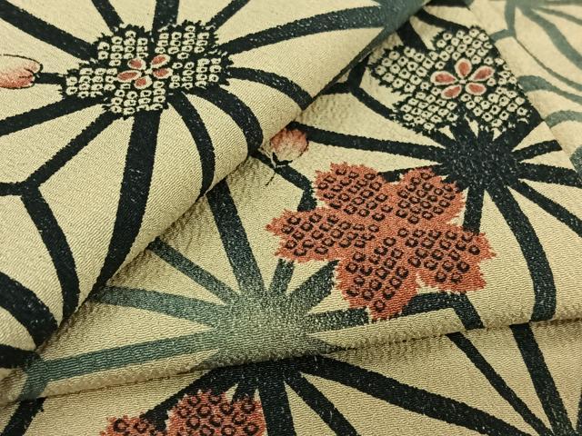 平和屋着物▽小紋　単衣　麻の葉花文　洗える着物　AABJ9810jh