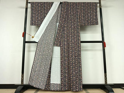 平和屋着物▽小紋　単衣　草花文　洗える着物　AABJ9811jh