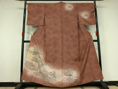 平和屋着物▽訪問着　単衣　紬地　風景花文　正絹　逸品　AABJ9820jh