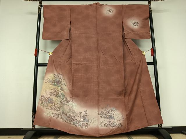 平和屋着物▽訪問着　単衣　紬地　風景花文　正絹　逸品　AABJ9820jh