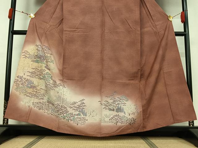 平和屋着物▽訪問着　単衣　紬地　風景花文　正絹　逸品　AABJ9820jh