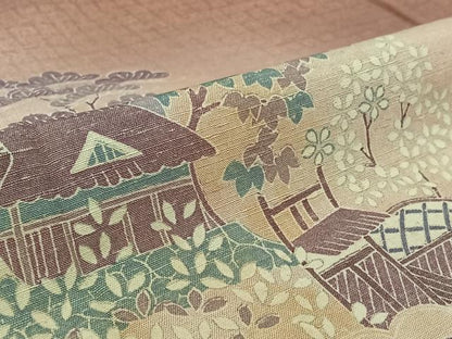 平和屋着物▽訪問着　単衣　紬地　風景花文　正絹　逸品　AABJ9820jh