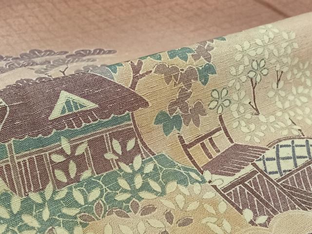 平和屋着物▽訪問着　単衣　紬地　風景花文　正絹　逸品　AABJ9820jh
