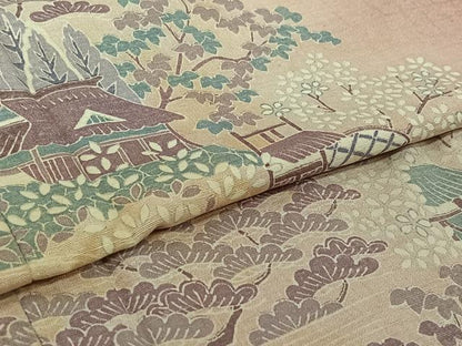 平和屋着物▽訪問着　単衣　紬地　風景花文　正絹　逸品　AABJ9820jh