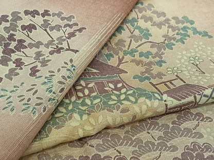 平和屋着物▽訪問着　単衣　紬地　風景花文　正絹　逸品　AABJ9820jh