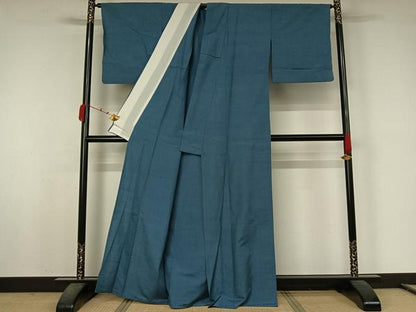 平和屋着物▽上質な紬　単衣　藍色　正絹　逸品　AABJ9823jh