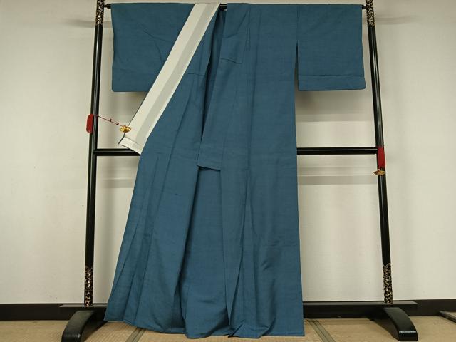 平和屋着物▽上質な紬　単衣　藍色　正絹　逸品　AABJ9823jh