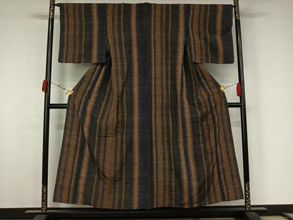 平和屋着物▽上質な紬　単衣　縞　正絹　逸品　AABJ9824jh